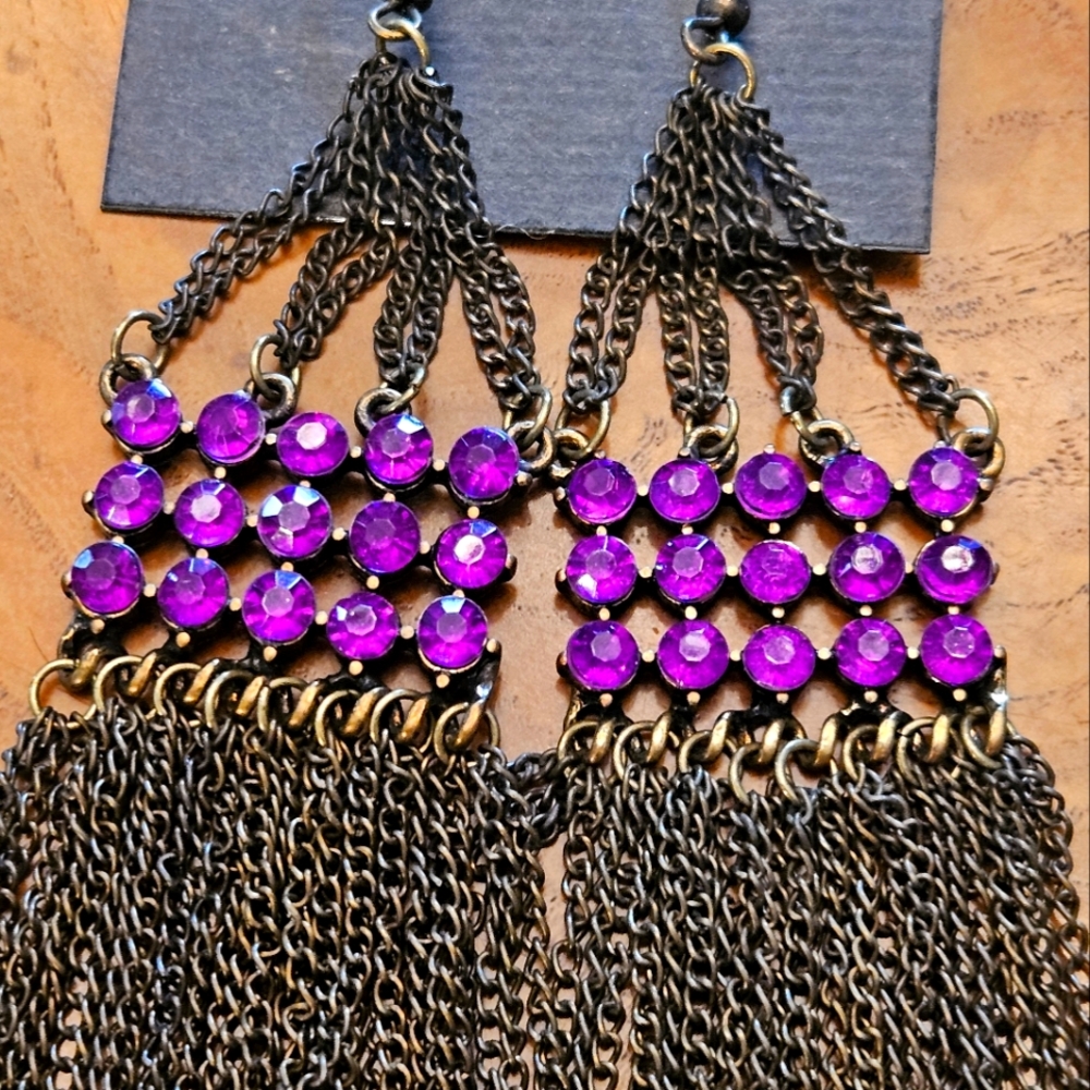 Amethyst color gunmetal long crystal and tassel earrings GY2 Etoo